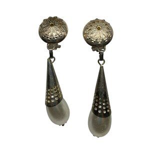 Vintage Drop Silver tone and Faux Pearl Clip on Earrings, Brutalist
